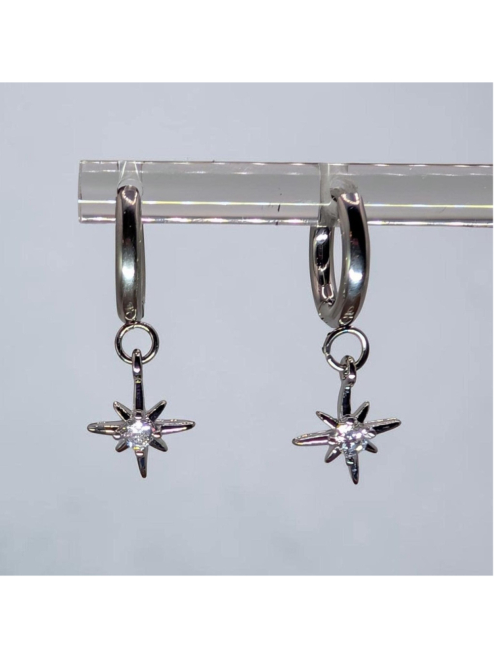 Silver Star Huggie Hoop Earrings, CZ North Star Earrings, Stainless Steel Huggie